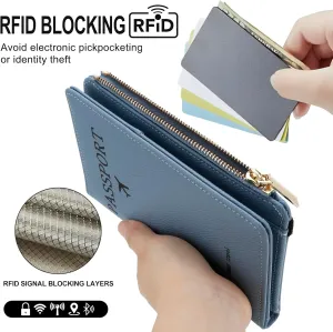 DOB SECHS Leather Passport Holder for Women Travel, RFID Blocking Passport Wallet Slim Passport Cover Case with Card Slots, Travel Document Organizer Pouch Bag Zipper Cash Pocket Purse ID Window, Blue