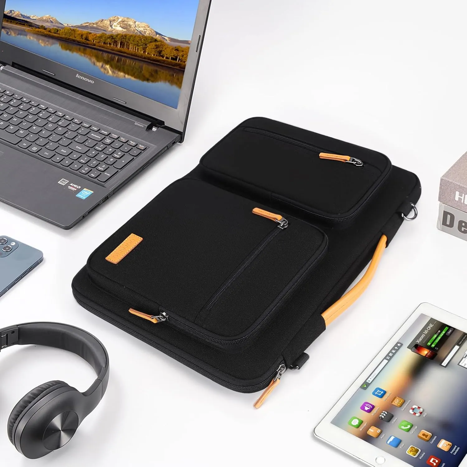 DOMISO 15.6 inch Laptop Sleeve Case Water-Resistant Computer Cover Bag with Detachable Shoulder Straps and Extendable Handle for HP, Dell, Black