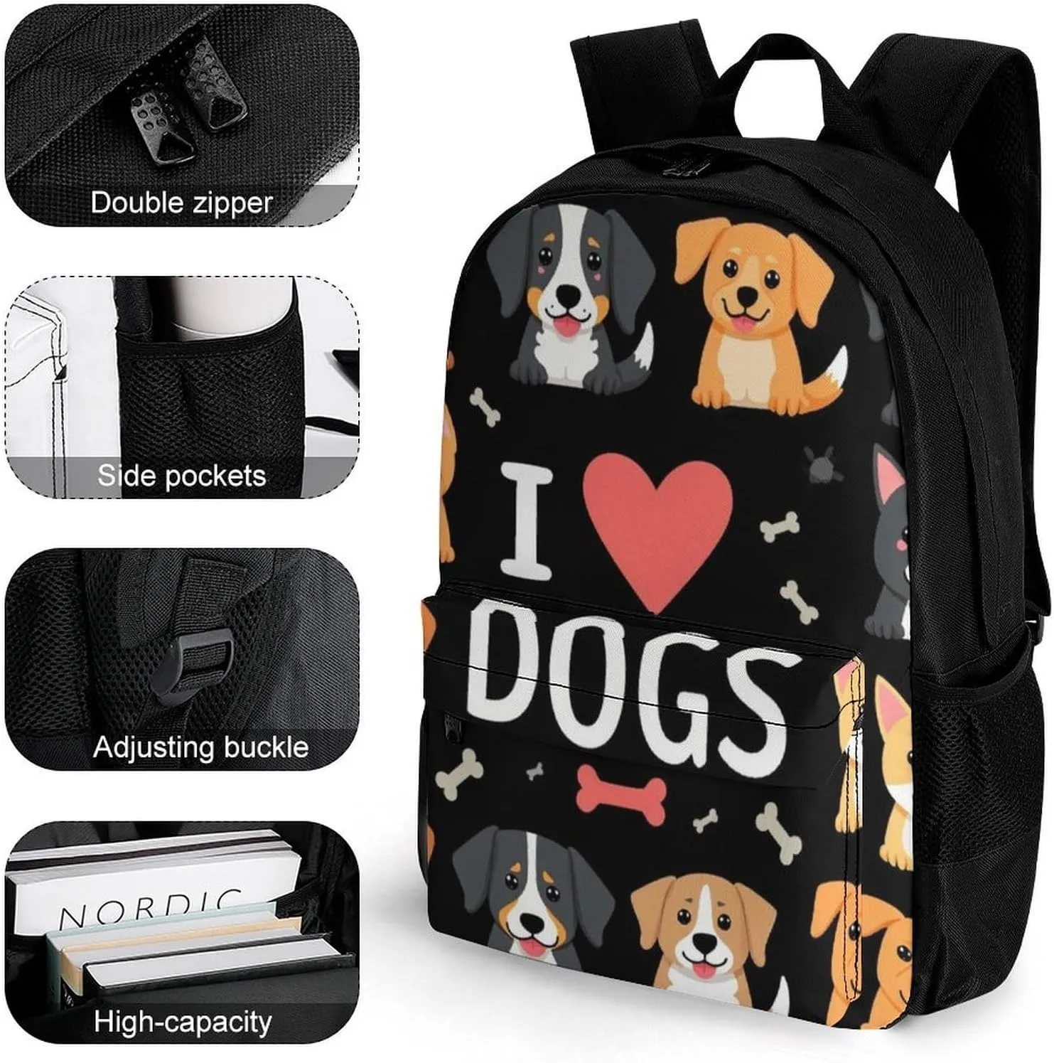 Doodle Pets Dog Black Rucksacks Lightweight Multipurpose Anti-Theft Shoulder Bag Big Capacity Traveling & Camping Backpack With Side Pockets