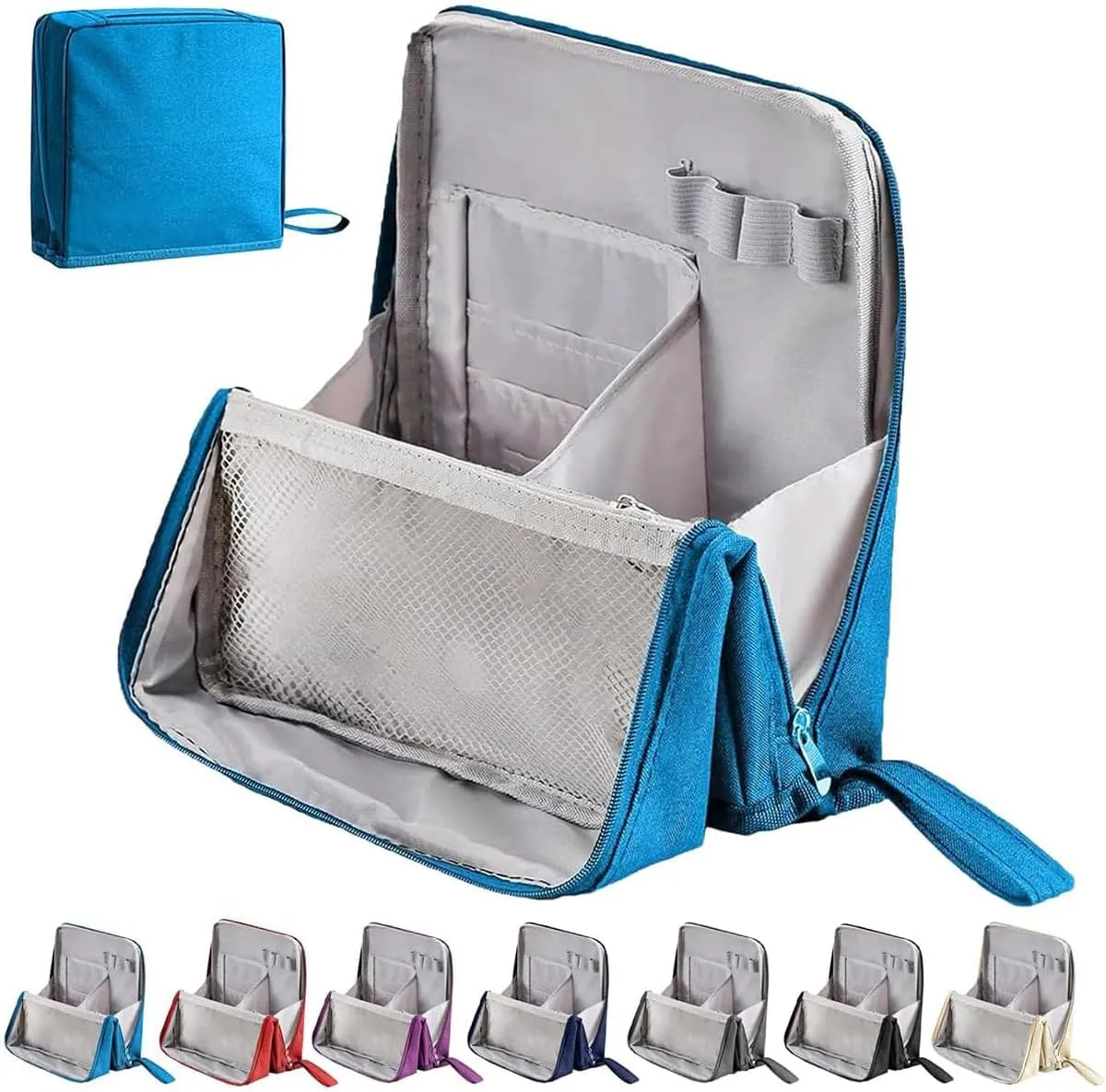 Doresty Makeup Bag, Multi-Purpose Large Capacity Standing Makeup Bag, Vertical Large Opening Waterproof Storage Bags with Compartments, Women Men Portable Toiletry Bag for Travel, Work (Blue)