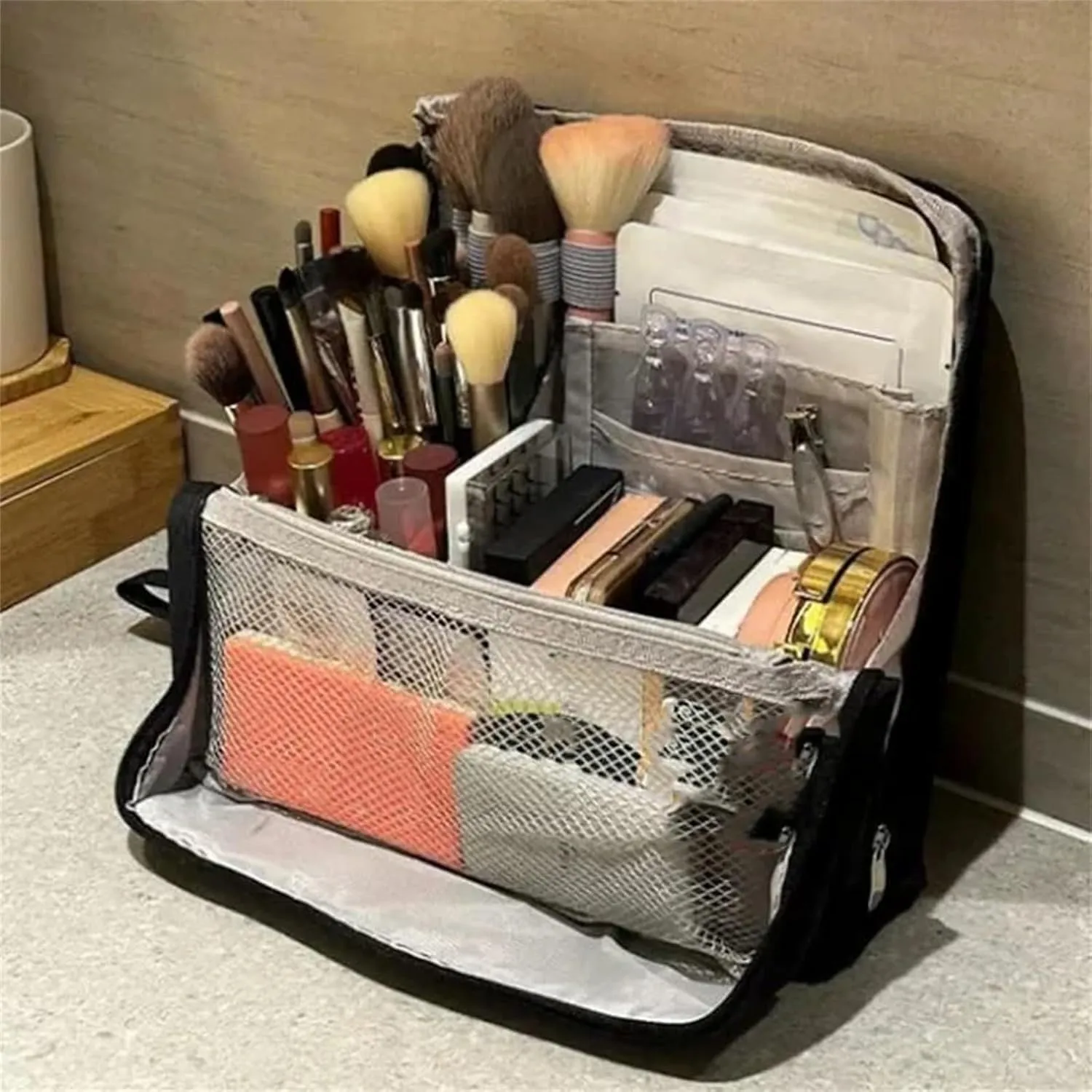 Doresty Makeup Bag, Multi-Purpose Large Capacity Standing Makeup Bag, Vertical Large Opening Waterproof Storage Bags with Compartments, Women Men Portable Toiletry Bag for Travel, Work (Blue)