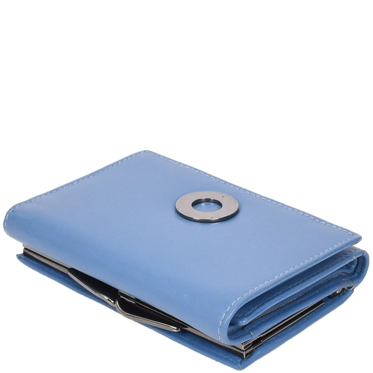 DR687 Women's Soft Leather Trifold Metal Frame Purse Blue