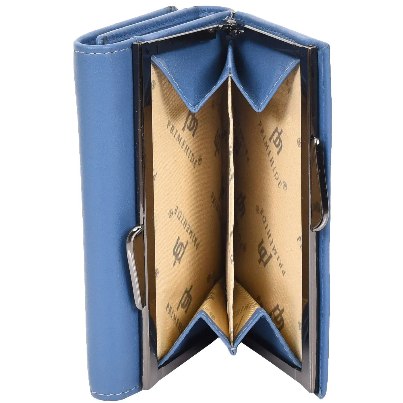 DR687 Women's Soft Leather Trifold Metal Frame Purse Blue