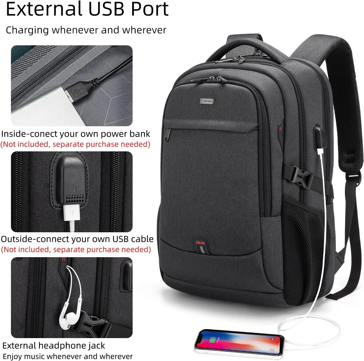 DUSLANG 17 Inch Laptop Backpack for Travel Water Resistant College Bookbag for Men/Women Laptop Bag with USB Charging Port and Tablet Sleeve Bag Compatible Protective Case, Black