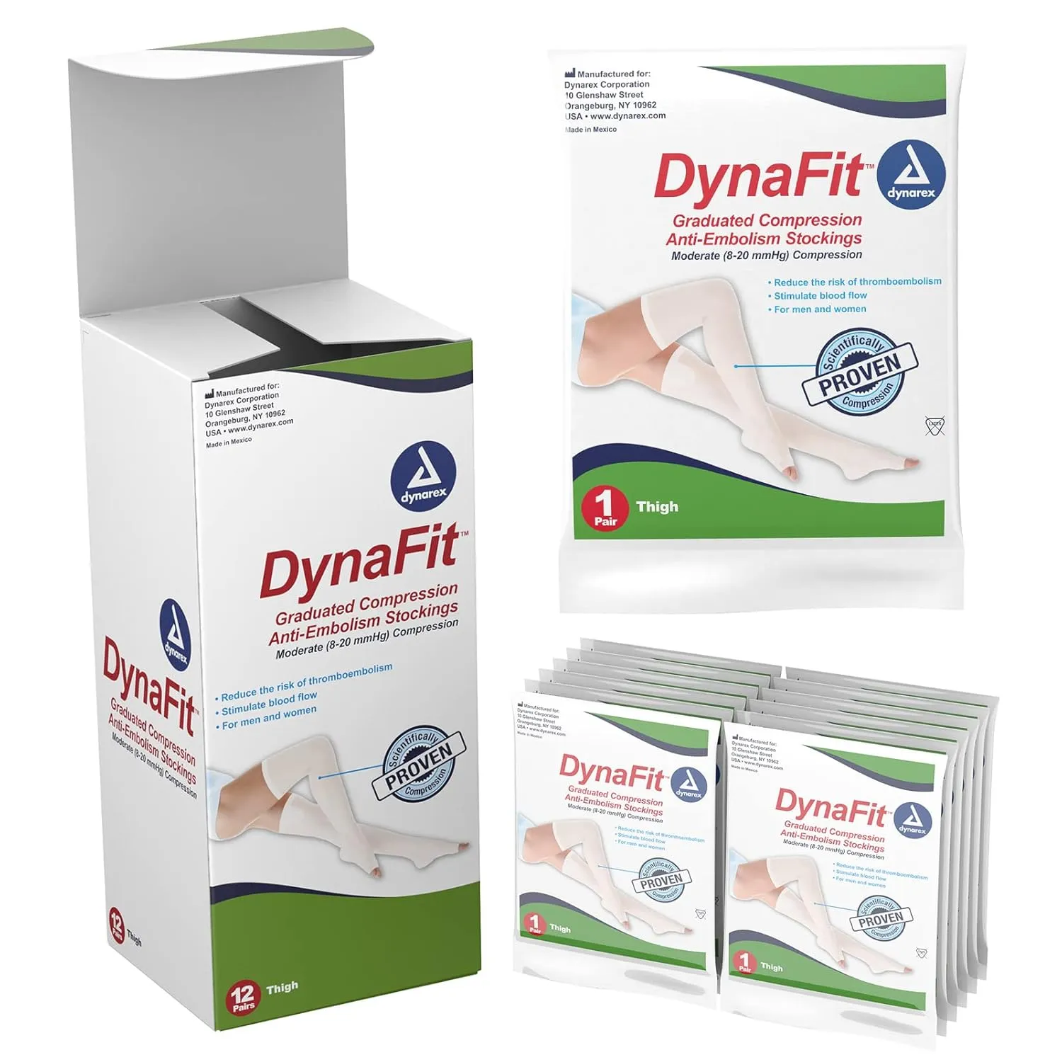 Dynarex DynaFit Compression Stockings Thigh High, 8–20 mmHg, Help Prevent Blood Clots, Relieve Pain & Varicose Veins, White, Medium, 1 Box of 12 Stockings