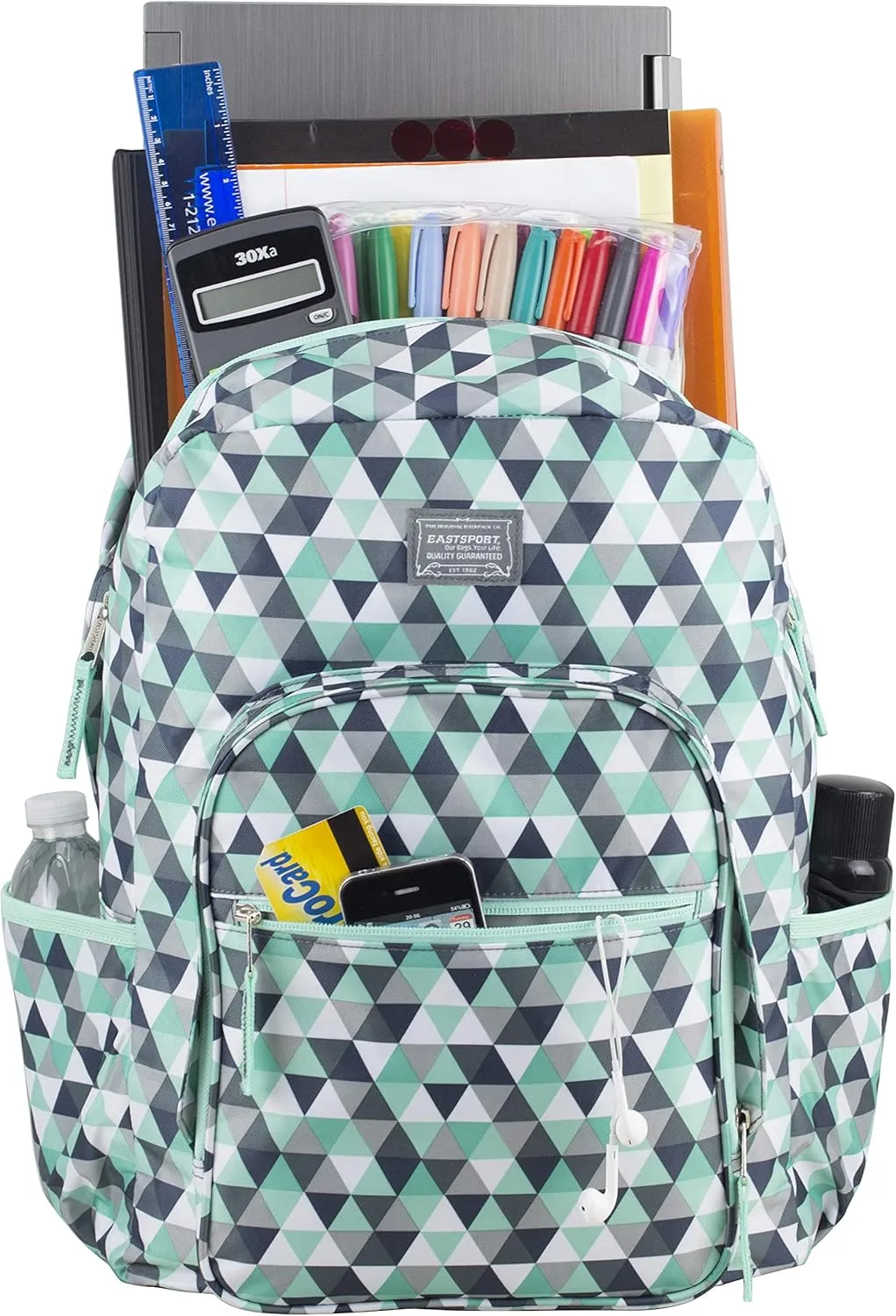 Eastsport Carry On Travel Weekender Backpack with Extra Large Main Compartment, Mint/Grey Triangles