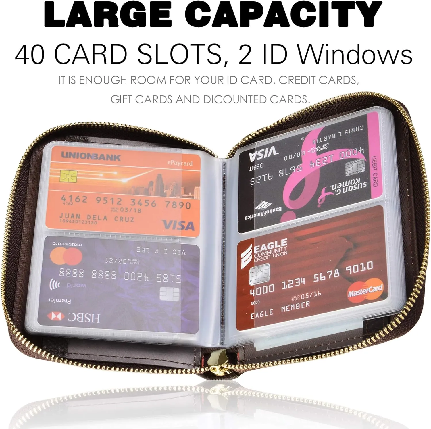 Easyoulife Womens Credit Card Holder Wallet Zip Leather Card Case RFID Blocking (Coffee)