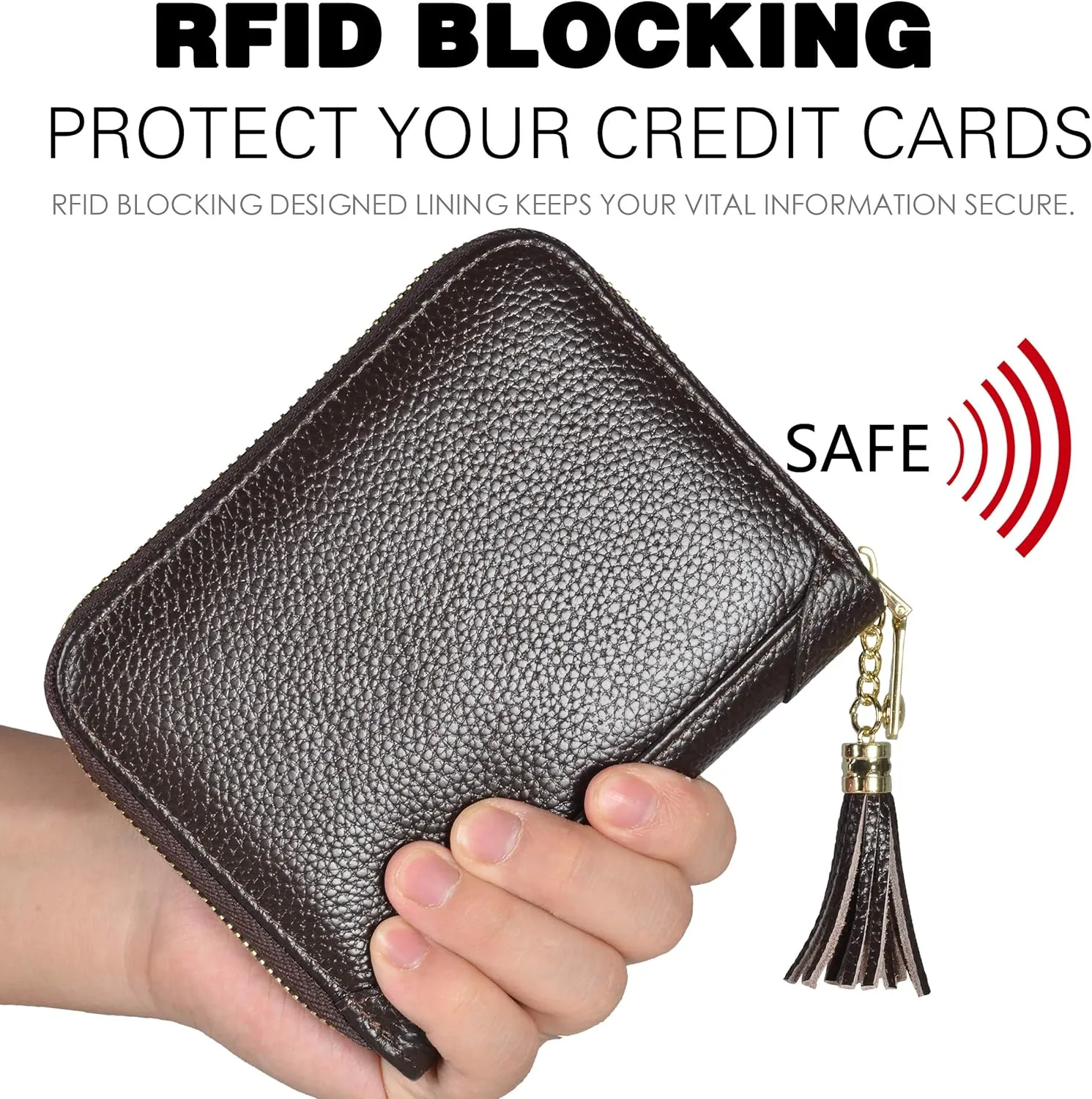 Easyoulife Womens Credit Card Holder Wallet Zip Leather Card Case RFID Blocking (Coffee)
