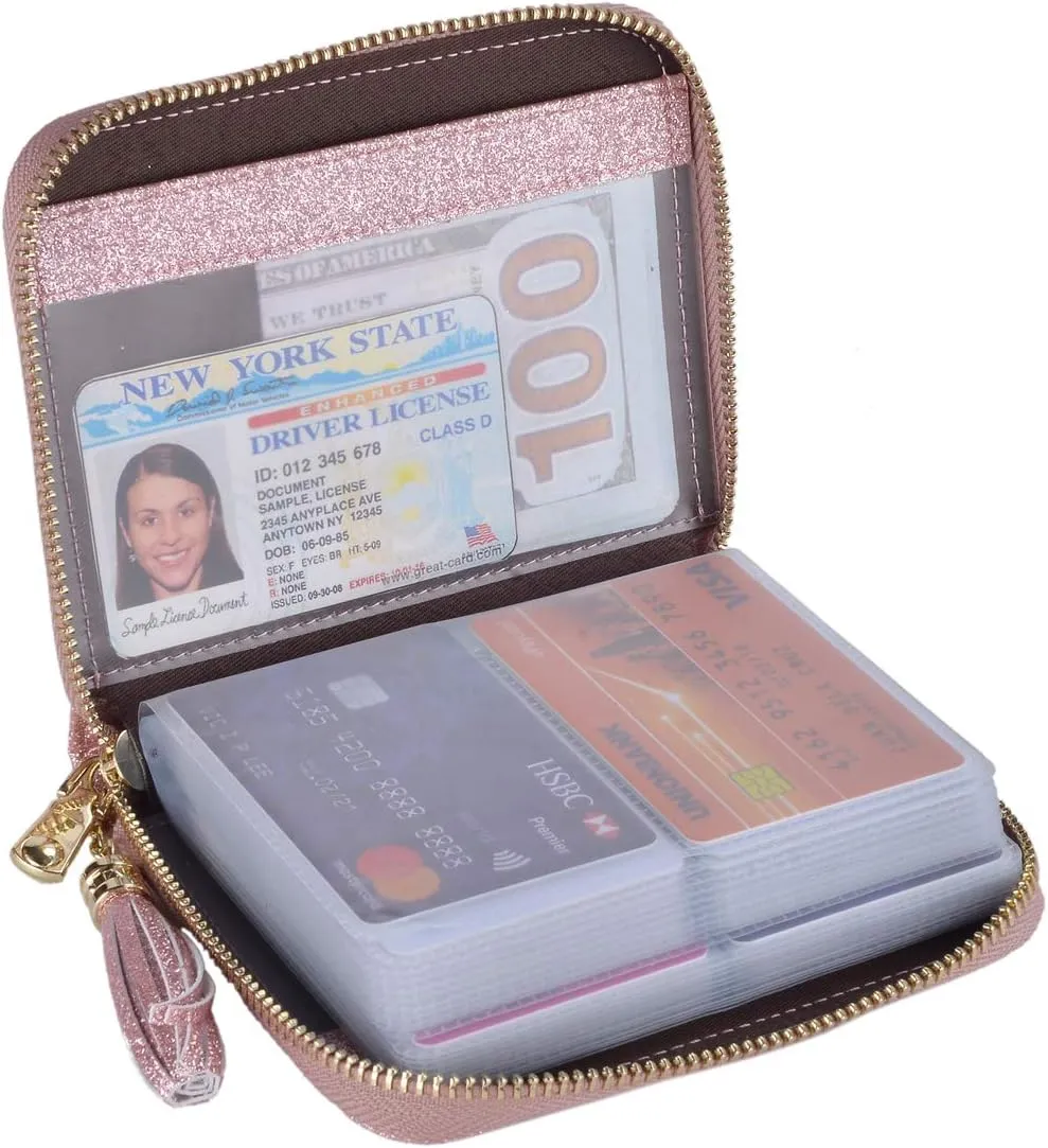 Easyoulife Womens Credit Card Holder Wallet Zip Leather Card Case RFID Blocking (Glitter Light Purple)