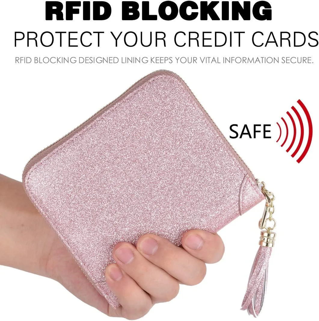 Easyoulife Womens Credit Card Holder Wallet Zip Leather Card Case RFID Blocking (Glitter Light Purple)