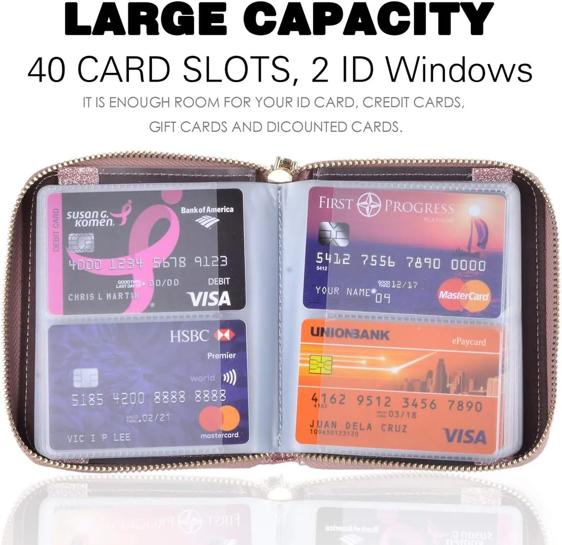 Easyoulife Womens Credit Card Holder Wallet Zip Leather Card Case RFID Blocking (Glitter Light Purple)