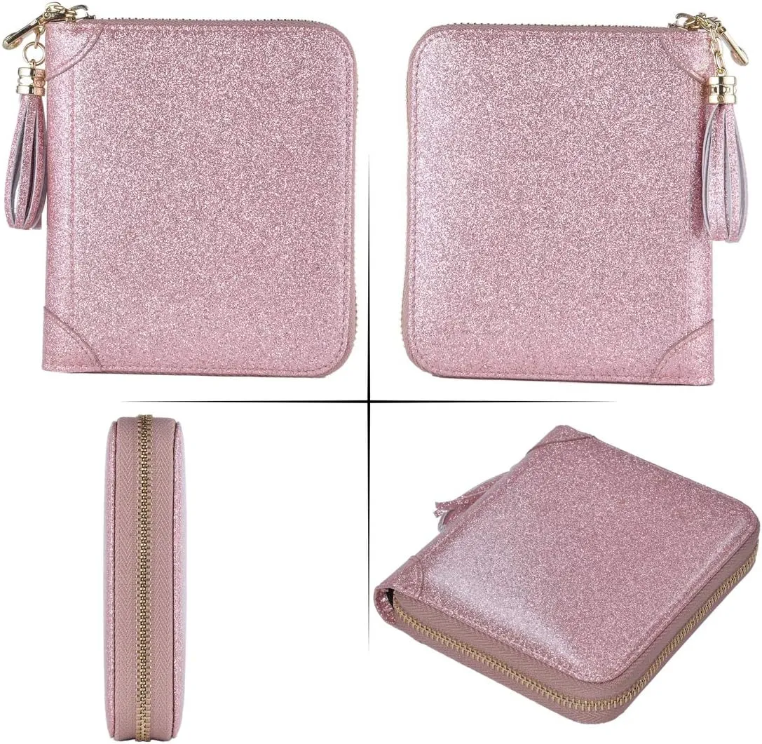 Easyoulife Womens Credit Card Holder Wallet Zip Leather Card Case RFID Blocking (Glitter Light Purple)