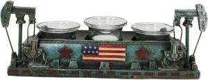 Ebros Gift Rustic Patriotic American Flag Vintage Nodding Donkey Pumpjack Oil Derrick Rigs Triple Votive Candleholder Sculpture Faux Verdi Patina Finish Wild West Pumpjack On Platform Model
