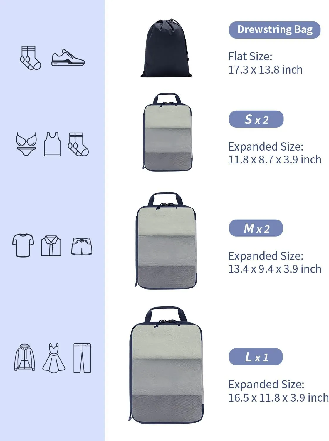 ECOHUB 6 Set Compression Packing Cubes, Lightweight Cruise Ship Vacation Travel Essentials, Durable Travel Accessories for Suitcase Luggage Organizer Bags Set with YKK Zippers Shoe Bag, Dark Blue