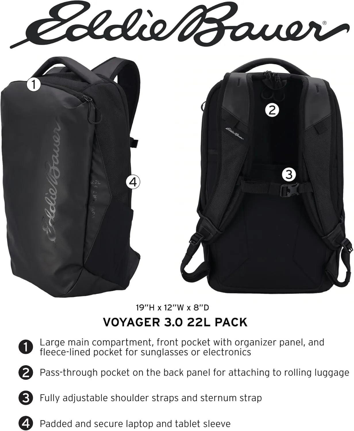 Eddie Bauer Voyager Backpack-Travel | Laptop Water-Resistant | Commuter | Work Bag | Daypack, Black, 22L