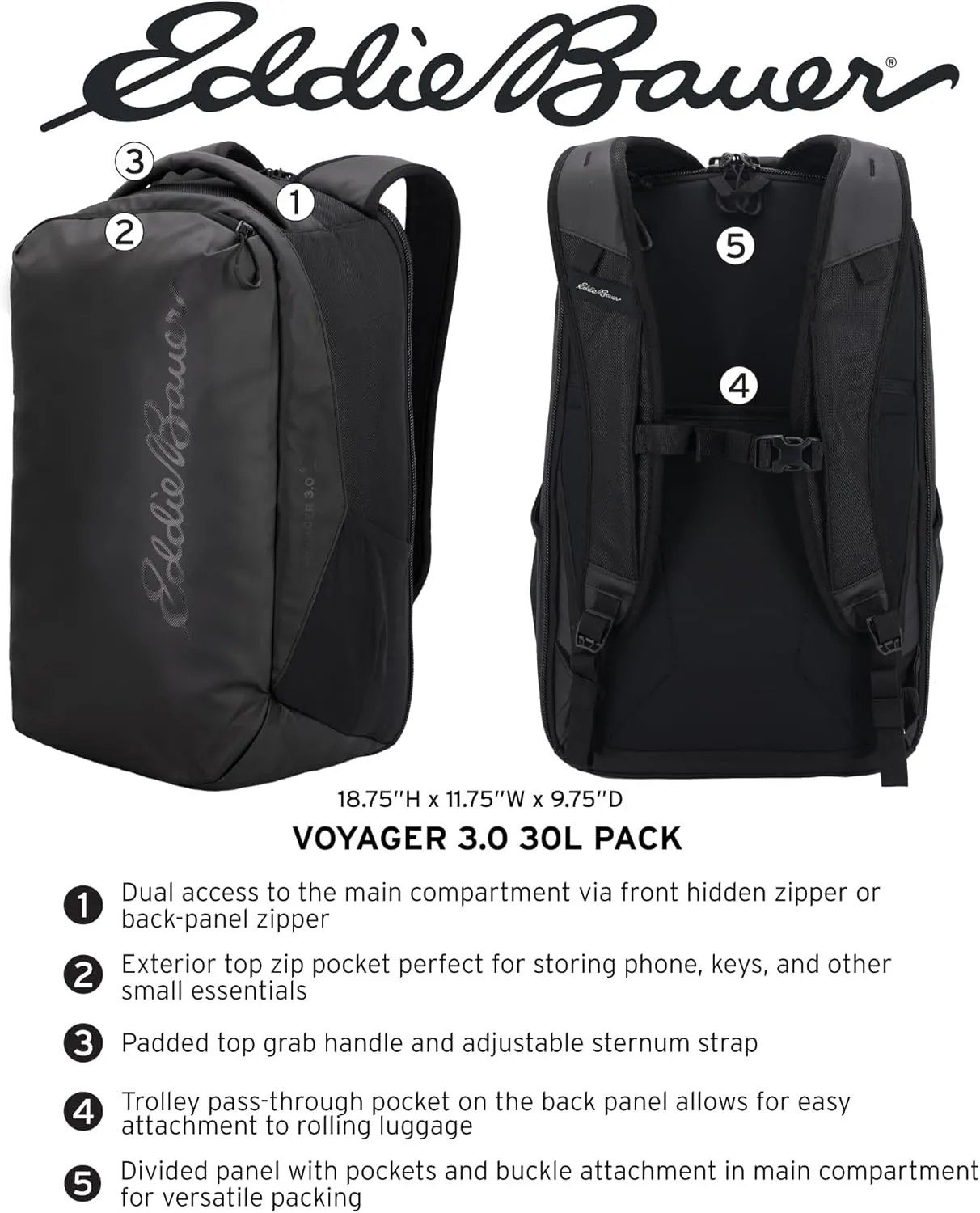 Eddie Bauer Voyager Backpack-Travel | Laptop Water-Resistant | Commuter | Work Bag | Daypack, Black, 30L