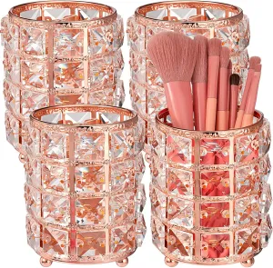 Eersida 4 Packs Crystal Makeup Brush Holder Rose Gold Organizer Bling Cosmetics Cup Handcrafted Pen Pencil Holder Storage