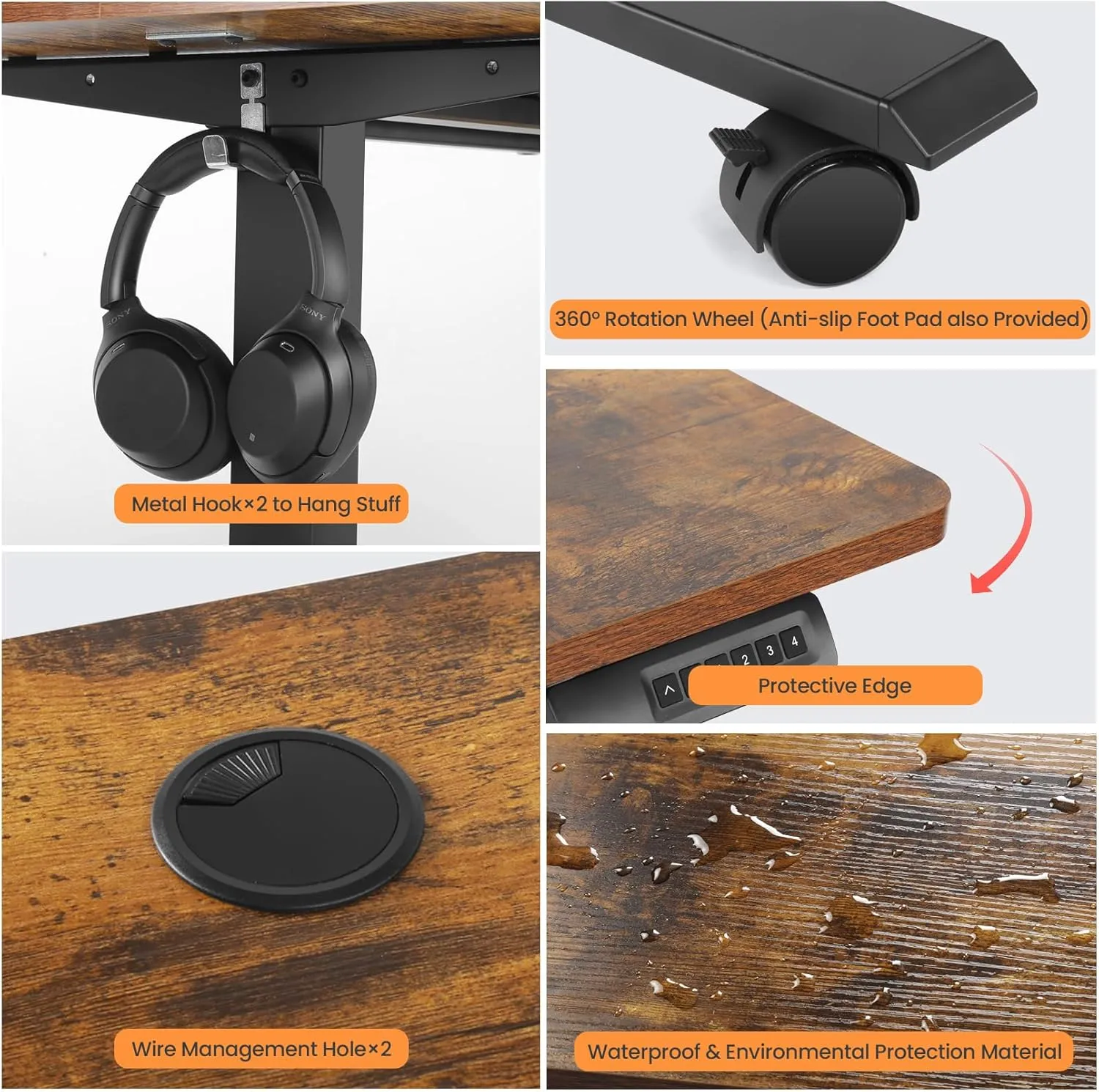 Electric Standing Desk Adjustable Height, 48'' x 24 '' Sit Stand Desk with Wheels, Ergonomic Curved Stand up Computer Workstations with 27''-45'' Lifting Range(Brown)