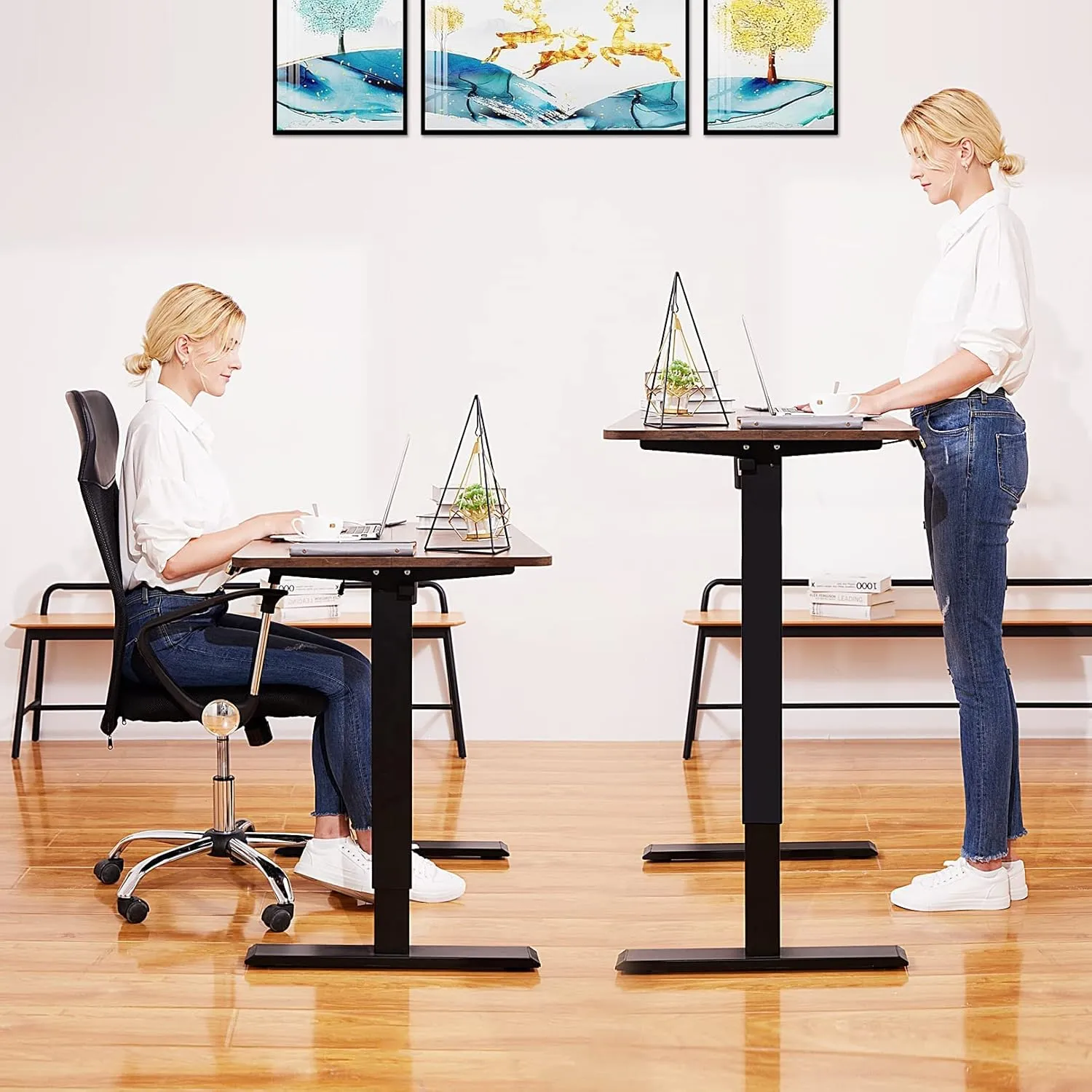 Electric Standing Desk Adjustable Height, 48'' x 24 '' Sit Stand Desk with Wheels, Ergonomic Curved Stand up Computer Workstations with 27''-45'' Lifting Range(Brown)