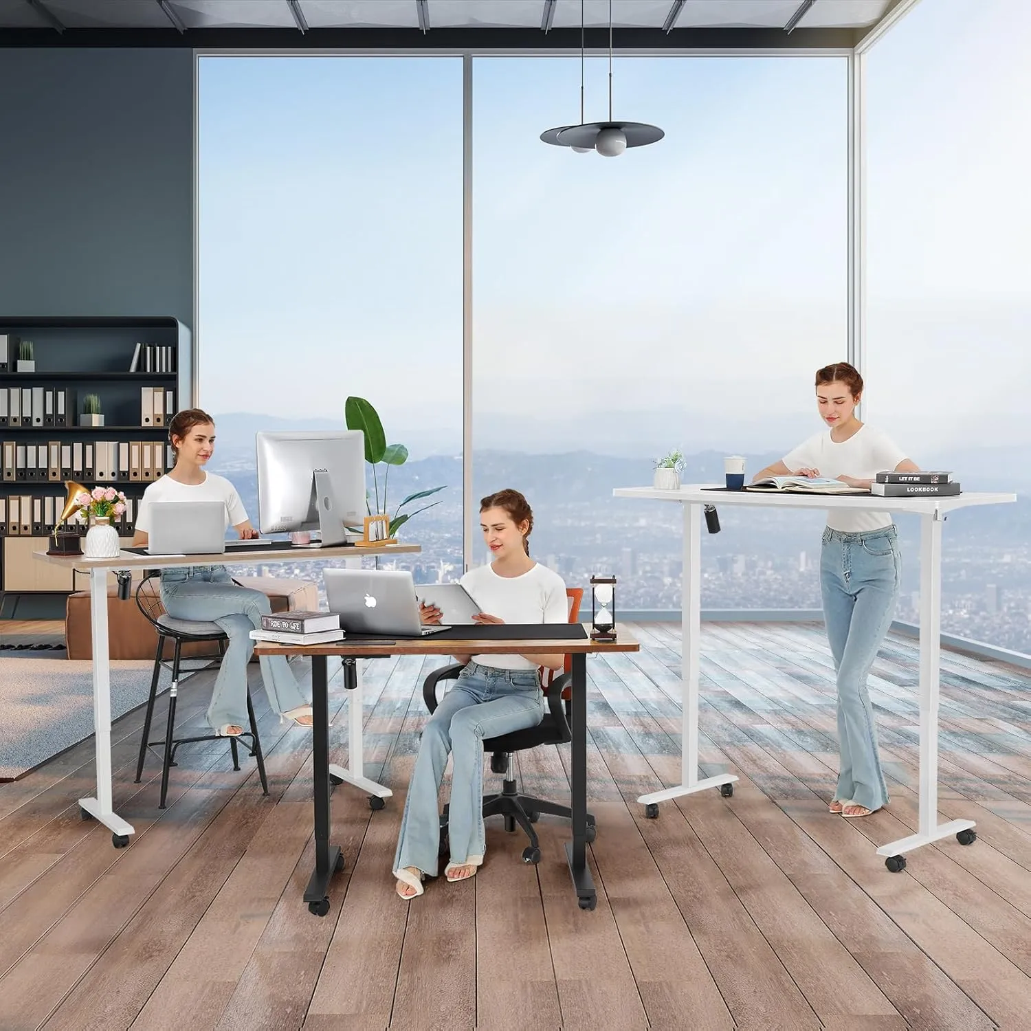 Electric Standing Desk Adjustable Height, 48'' x 24 '' Sit Stand Desk with Wheels, Ergonomic Curved Stand up Computer Workstations with 27''-45'' Lifting Range(Brown)