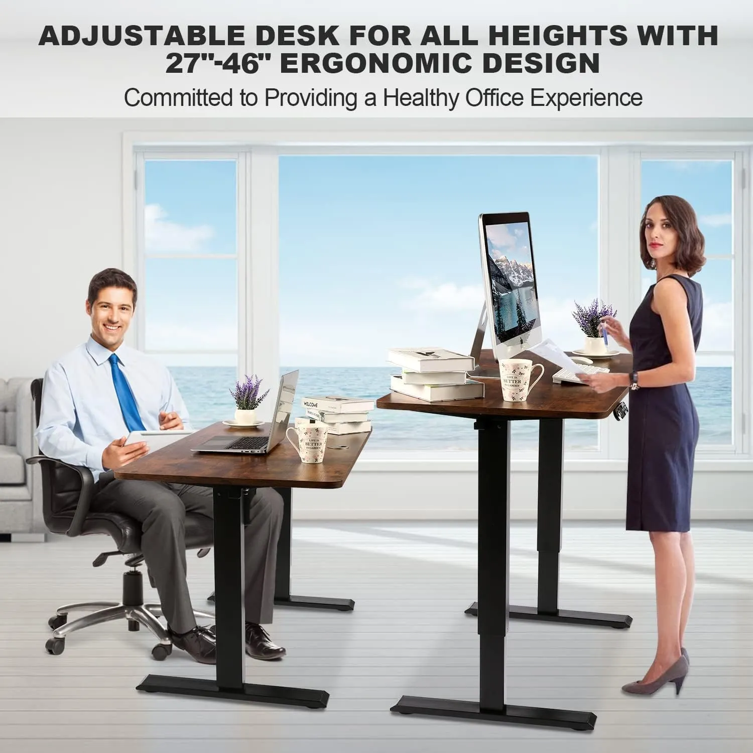 Electric Standing Desk Adjustable Height, 48'' x 24 '' Sit Stand Desk with Wheels, Ergonomic Curved Stand up Computer Workstations with 27''-45'' Lifting Range(Brown)