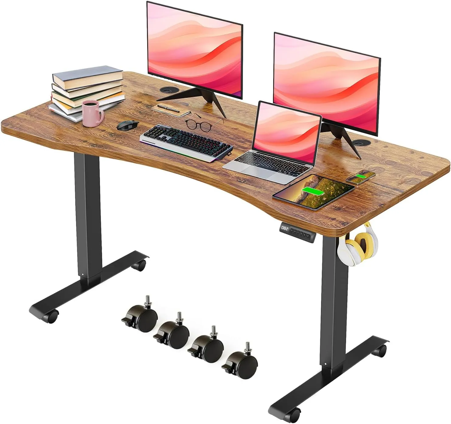 Electric Standing Desk Adjustable Height, 48'' x 24 '' Sit Stand Desk with Wheels, Ergonomic Curved Stand up Computer Workstations with 27''-45'' Lifting Range(Brown)