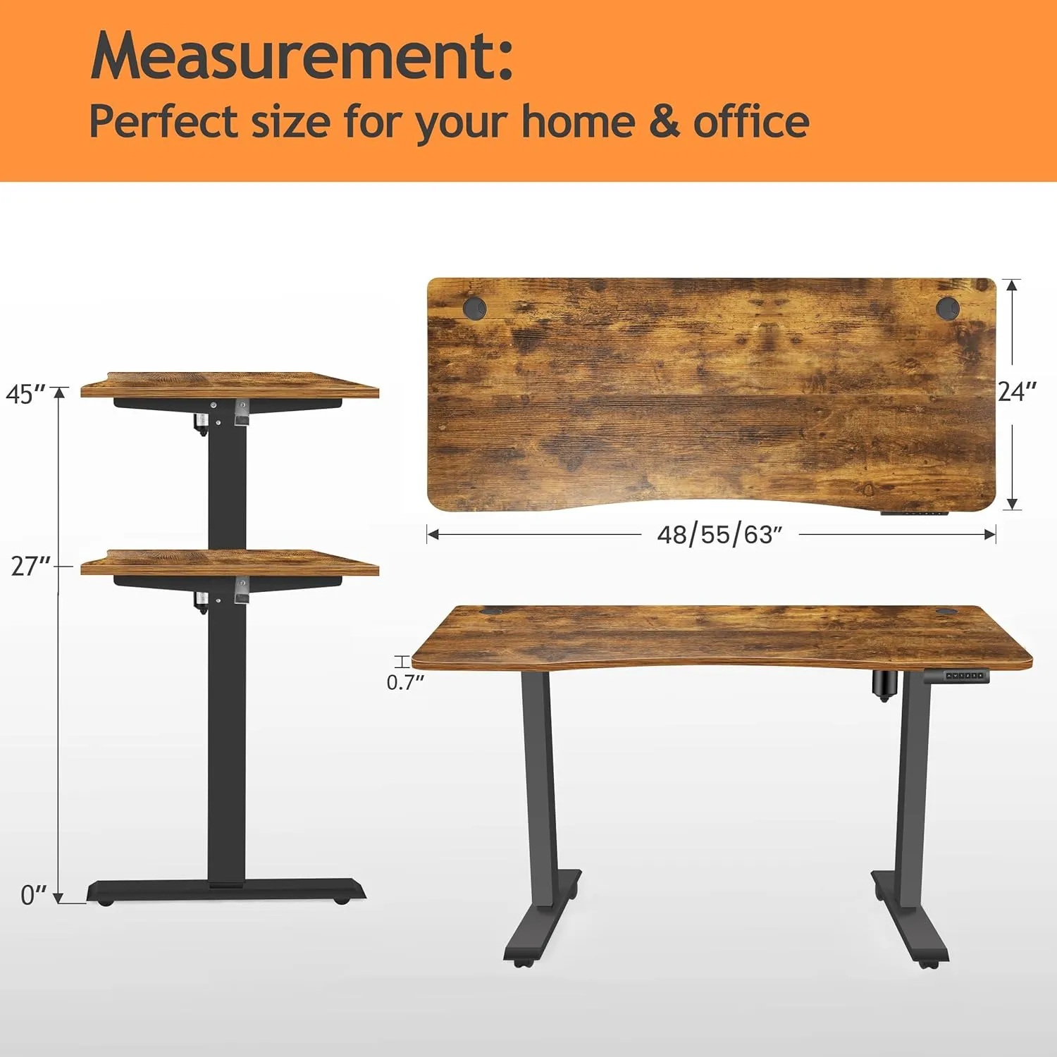 Electric Standing Desk Adjustable Height, 48'' x 24 '' Sit Stand Desk with Wheels, Ergonomic Curved Stand up Computer Workstations with 27''-45'' Lifting Range(Brown)