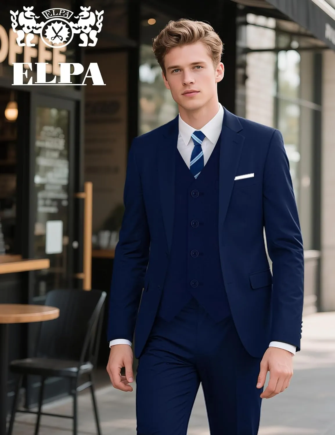 ELPA ELPA Men's Suit with Stretch Fabric 3-Piece Slim Fit Suit with 3 Fit Options (Short/Regular/Tall)