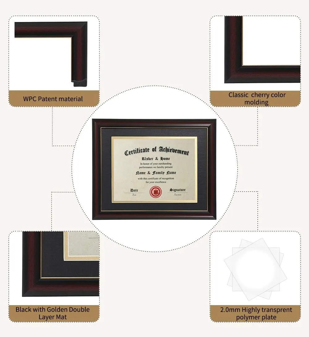 ELSKER&HOME 8.5x11 Diploma Frames with Mat, Classic Cherry Wood, 8.5x11 or 11x14 Inch - Double Matte Black with Gold Rim