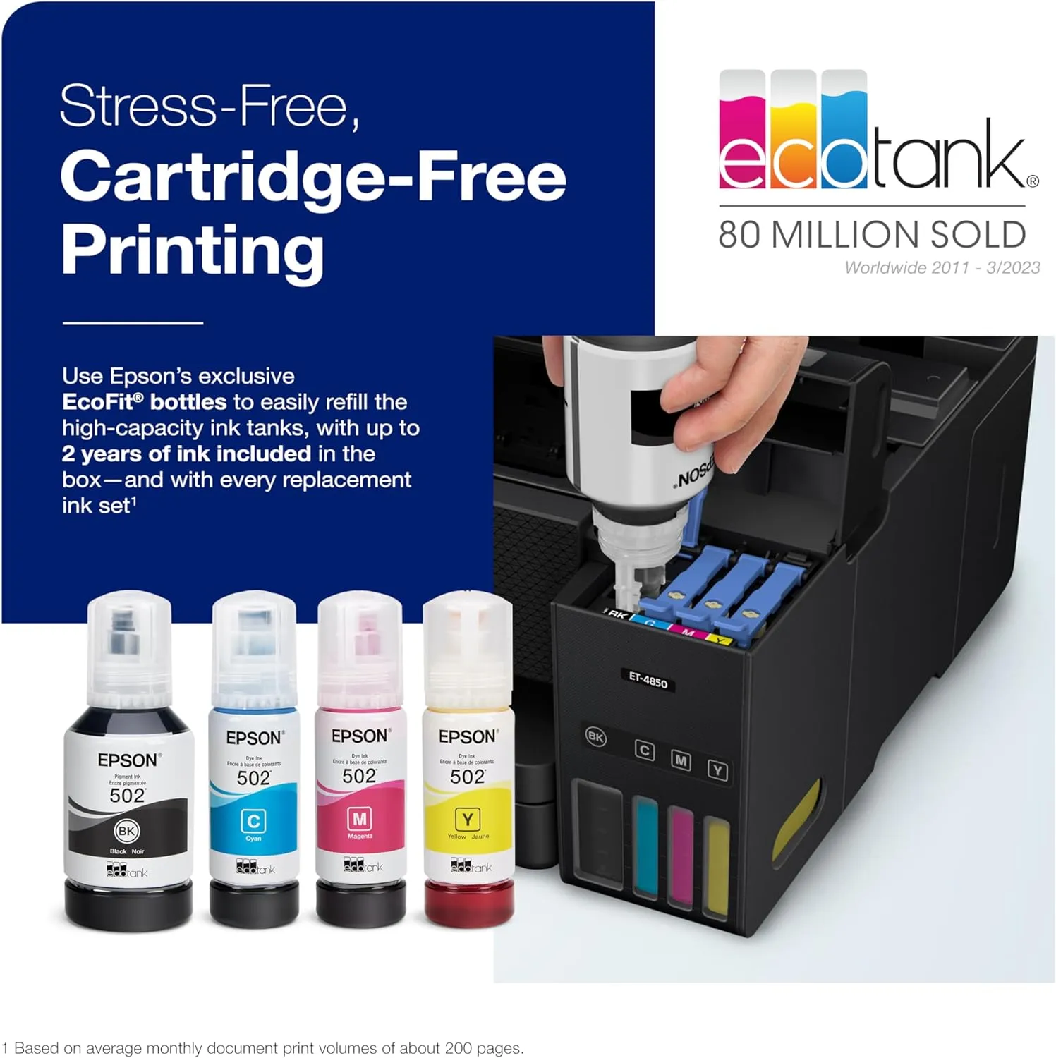 Epson EcoTank ET-4850 Wireless All-in-One Cartridge-Free Supertank Printer with Scanner, Copier, Fax, ADF and Ethernet – The Perfect Printer Office - Black