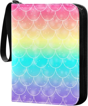 Exnundod 4 Pocket Trading Card Binder Colorful Fish Scales PU Leather Card Collection Binder Rainbow Background 400 Cards Organizer Binder Collectible Trading Card Albums for Sports Game Card