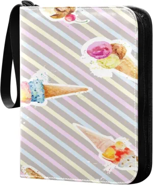 Exnundod 4 Pocket Trading Card Binder Delicious Ice Cream Cones PU Leather Card Collection Binder Colorful Stripes 400 Cards Organizer Binder Collectible Trading Card Albums for Sports Game Card