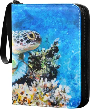 Exnundod 4 Pocket Trading Card Binder Sea Turtle Swims PU Leather Card Collection Binder Oil Painting Sports Card Binder 400 Cards Organizer Trading Card Albums for Cards
