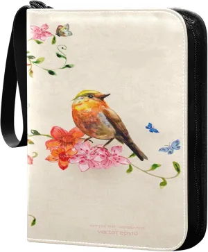 Exnundod 4 Pocket Trading Card Binder Spring Birds Watercolor, PU Leather Card Collection Binder Colorful Flowers Branch 400 Cards Organizer Binder Collectible Trading Card Albums for Sports Game Car