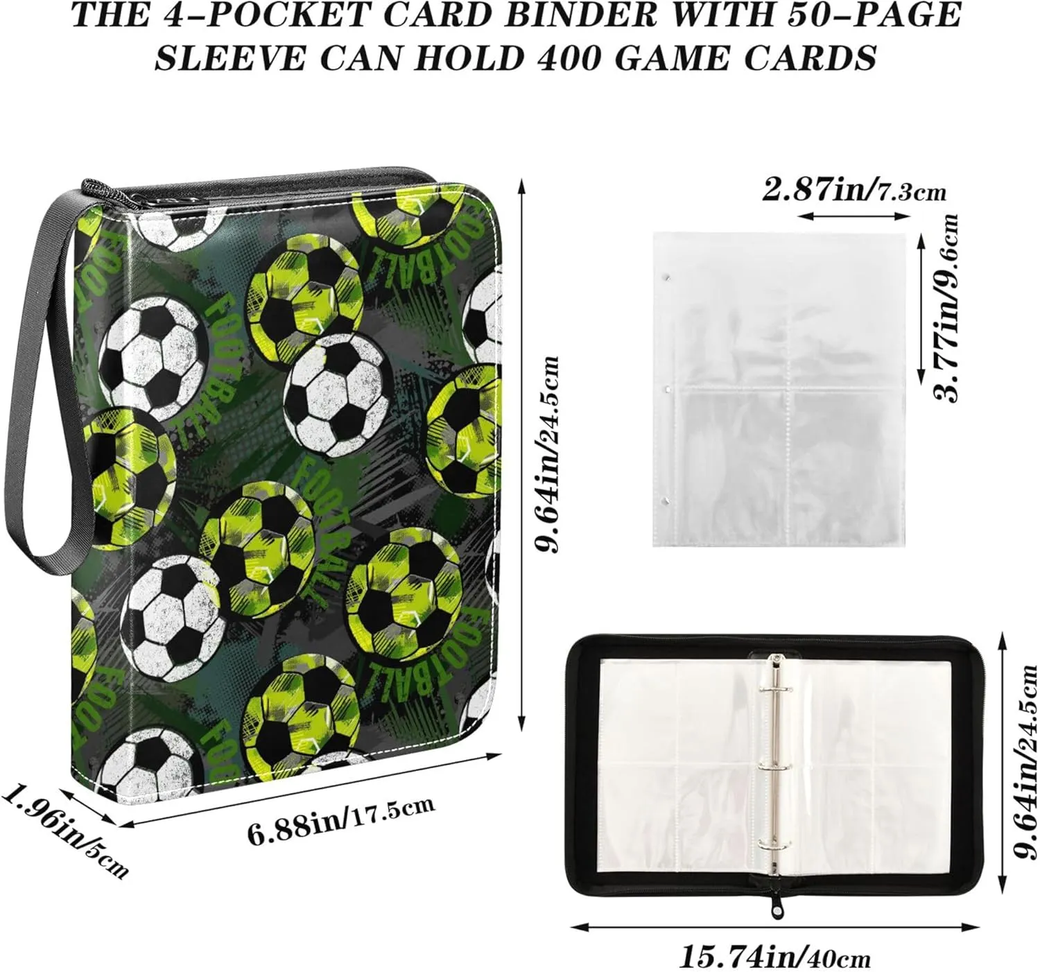 Exnundod Abstract Urben Soccer Ball Trading Card Binder for Cards, Colorful Football Card Album 4-Pockets for 400 Cards with Removable Sleeves PU Baseball Card Holder Football Sports Card Collection