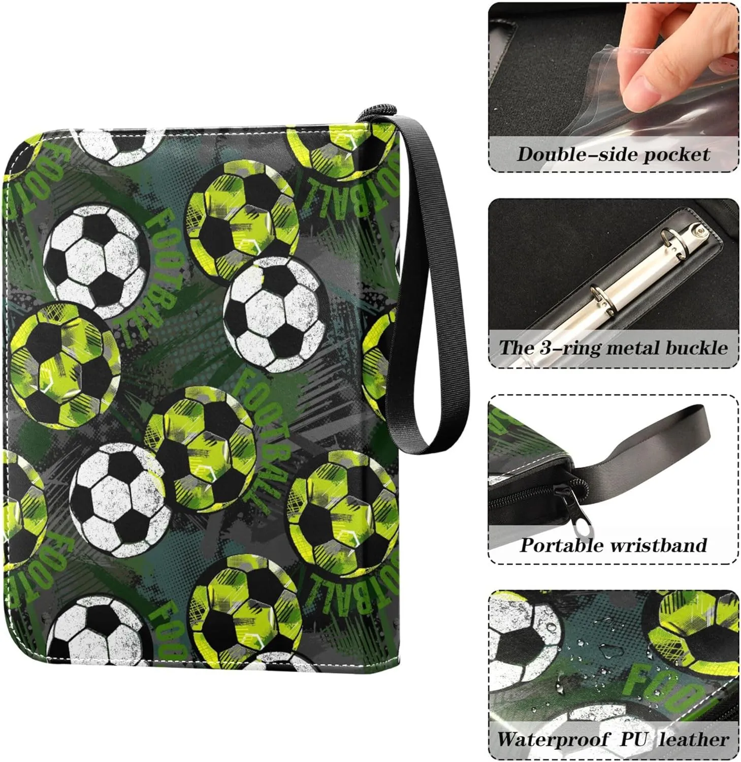 Exnundod Abstract Urben Soccer Ball Trading Card Binder for Cards, Colorful Football Card Album 4-Pockets for 400 Cards with Removable Sleeves PU Baseball Card Holder Football Sports Card Collection