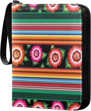 Exnundod Banner Mexican Floral Embroidery Pattern Ethnic Colorful Native Flowers Folk Fashion Design Trading Card Binder for Cards, Watercolor Kitty Unique Card Album 4-Pockets for 400 Cards with Re