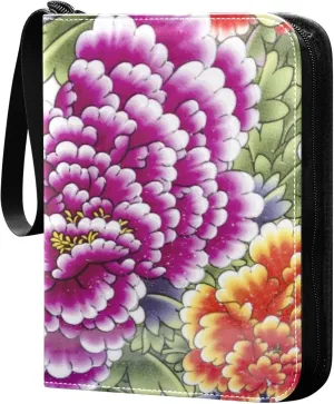 Exnundod Chinese Flowers Style Painting Trading Card Binder for Cards, Colorful Card Album 4-Pockets for 400 Cards with Removable Sleeves PU Baseball Card Holder Football Sports Card Collection
