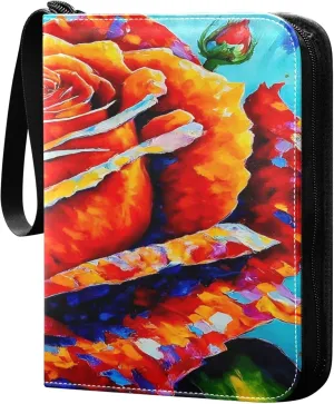 Exnundod Colorful Artistic Rose Trading Card Binder for Cards, Oil Painting Valentines Card Album 4-Pockets for 400 Cards with Removable Sleeves PU Baseball Card Holder Football Sports Card Collectio