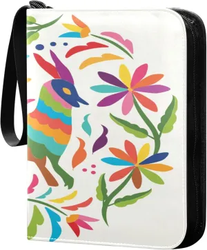 Exnundod Colorful Mexican Traditional Textile Embroidery Style From Tenango Hidalgo; M¨¦xico - Circular Compo Trading Card Binder for Cards, Ethnic Card Album 4-Pockets for 400 Cards w