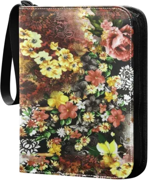 Exnundod Colorful Pink Roses Trading Card Binder for Cards, Ethnic Retro Card Album 4-Pockets for 400 Cards with Removable Sleeves PU Baseball Card Holder Football Sports Card Collection