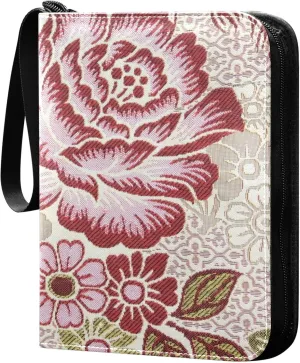 Exnundod Colorful Retro Embroidery Flowers Trading Card Binder for Cards, Card Album 4-Pockets for 400 Cards with Removable Sleeves PU Baseball Card Holder Football Sports Card Collection
