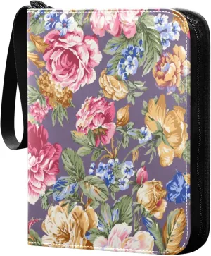 Exnundod Colorful Rose Flowers with Leaf Trading Card Binder for Cards, Garden Card Album 4-Pockets for 400 Cards with Removable Sleeves PU Baseball Card Holder Football Sports Card Collection