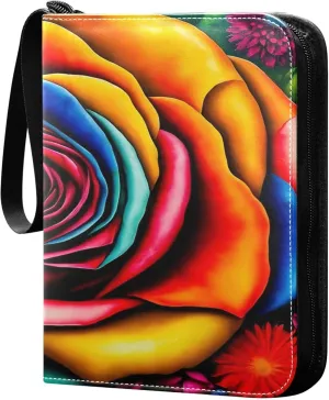 Exnundod Colorful Rose Valentines Day Trading Card Binder for Cards, Floral Card Album 4-Pockets for 400 Cards with Removable Sleeves PU Baseball Card Holder Football Sports Card Collection
