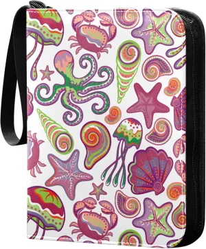 Exnundod Colorful Starfish Shells Trading Card Binder for Cards, Undersea Animals Card Album 4-Pockets for 400 Cards with Removable Sleeves PU Baseball Card Holder Football Sports Card Collection