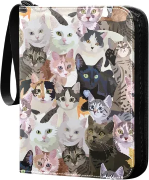 Exnundod Different Cats Colorful Trading Card Binder for Cards, Card Album 4-Pockets for 400 Cards with Removable Sleeves PU Baseball Card Holder Football Sports Card Collection