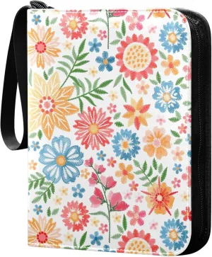 Exnundod Embroidery Flowers Colorful Trading Card Binder for Cards, Floral Nature Summer Card Album 4-Pockets for 400 Cards with Removable Sleeves PU Baseball Card Holder Football Sports Card Collect