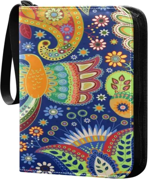 Exnundod Ethnic Floral Background Trading Card Binder for Cards, Ethnic Colorful Bird Card Album 4-Pockets for 400 Cards with Removable Sleeves PU Baseball Card Holder Football Sports