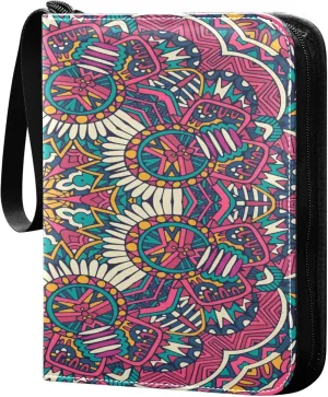Exnundod Ethnic Indian Colorful Mandala Trading Card Binder for Cards, Ethnic Card Album 4-Pockets for 400 Cards with Removable Sleeves PU Baseball Card Holder Football Sports Card Co