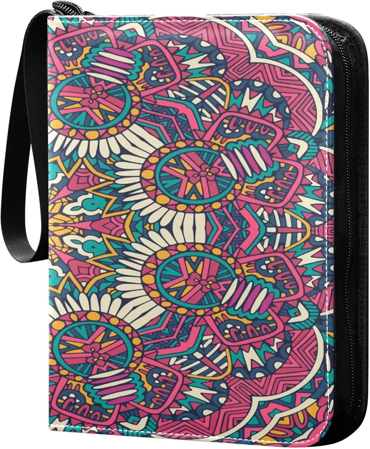 Exnundod Ethnic Indian Colorful Mandala Trading Card Binder for Cards, Ethnic Card Album 4-Pockets for 400 Cards with Removable Sleeves PU Baseball Card Holder Football Sports Card Co